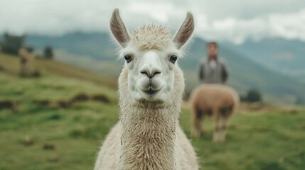 Fototapeta premium Closeup Portrait of a Fluffy White Alpaca in a Mountainous Landscape