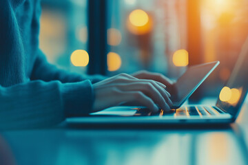 Doctor using digital tablet and working on laptop computer at doctor's office in hospital, close up