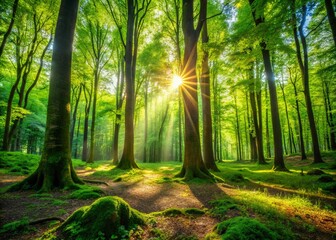Naklejka premium Majestic Sunlight Filtering Through Ancient Forest Canopy - Lush Green Nature Stock Photo