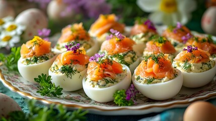 An Elegant and Colorful Easter Spread Featuring a Variety of Stuffed Eggs with Seasonal Decor