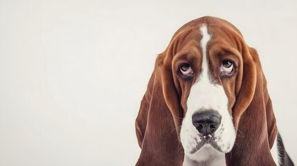 Close-up of Basset Hound with Droopy Ears and Sad Expression Isolated on White Background &ndash; Charming Dog Portrait, Photogenic Hound Features
