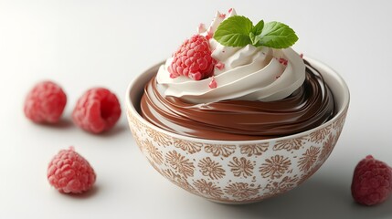 Smooth and Rich Chocolate Mousse Intertwined with Raspberry Coulis and Whipped Cream Topped with Fresh Mint