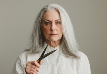 Obraz premium Confident Senior Woman Holding Scissors, Portrait