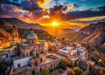 Obraz premium Majestic Sunset over Real de Catorce Ghost Town Ruins, San Luis Potosi, Mexico - Aerial Bokeh Shot