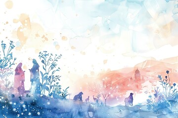 royal and stylish, A painted, watercolor-style illustration of the Nativity scene with soft pastel...
