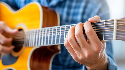 Fototapeta premium A close-up of a person playing an acoustic guitar, showcasing their hands as they press down on the strings, set against a softly blurred background.