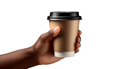 Image of a hand grasping a disposable coffee cup with a black lid.