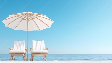 Beach chairs under umbrella, ocean view, relaxation