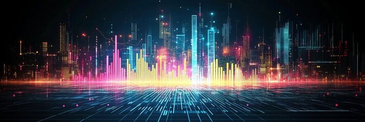 Vibrant Cityscape Data Visualization, Bar Graph and Line Chart Overlaid on Dark Backdrop