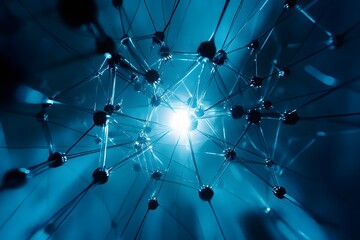 Illustration of a glowing digital network, interconnected nodes and lines forming a glowing web, on a black blue gradient background, symbolizing advanced technology and seamless connectivity