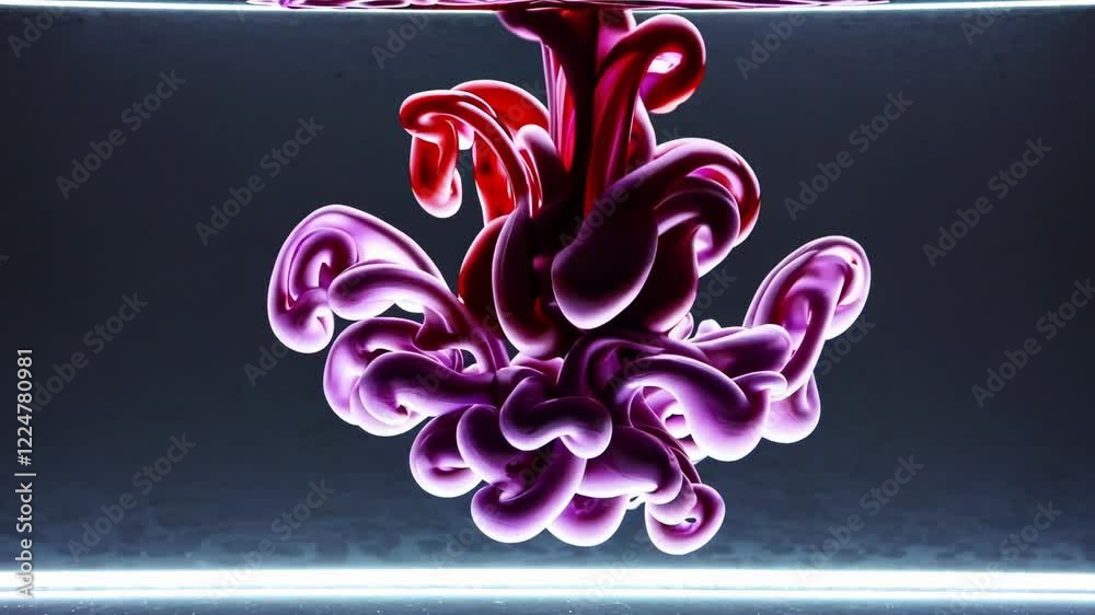 Poster Slow-motion ink droplets in water forming evolving clouds of color that seamlessly blend into new shapes.