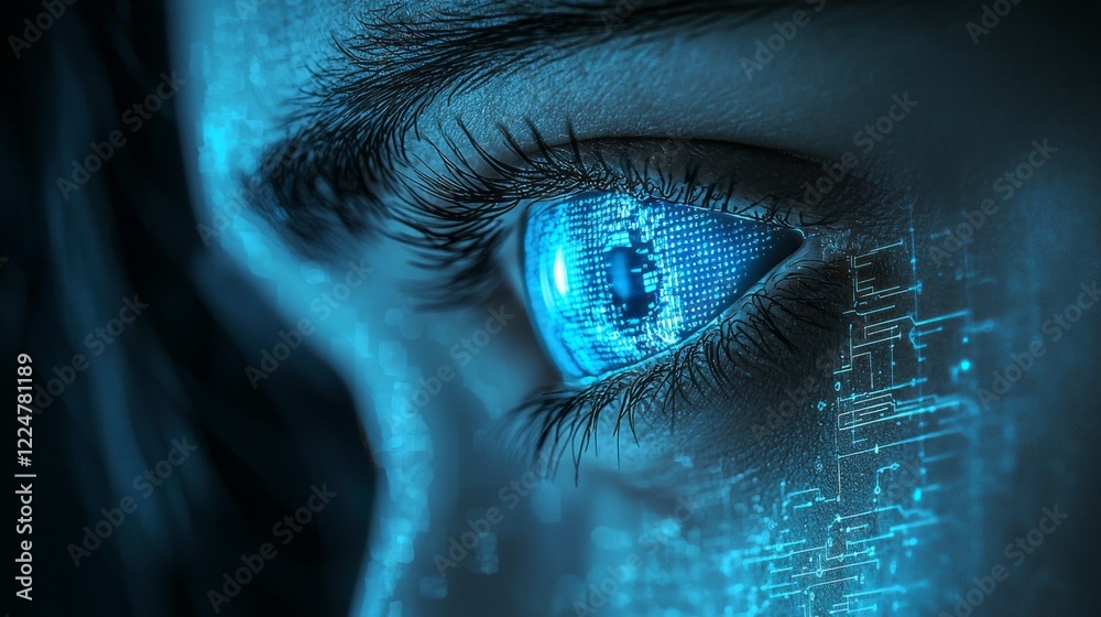 Aufkleber A sophisticated humanoid robot exhibits an eye with glowing digital patterns, reflecting its cognitive abilities. The setting suggests a high-tech environment focused on innovation and analysis