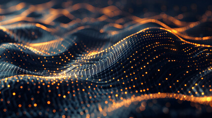 Abstract digital waves with glowing particles creating a dynamic visual effect.