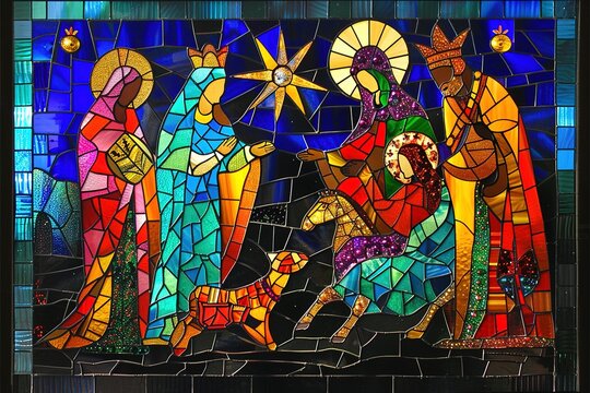 royal and stylish, A stained glass-inspired design with colorful images of the holy family, wise men, and star of Bethlehem against a black background