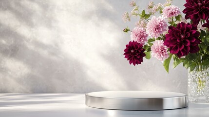 Fototapeta premium Elegant floral arrangement in glass vase with pink and burgundy dahlias on marble surface