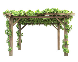 wooden garden pergola covered with lush green vines, providing shade and natural aesthetic. This structure enhances outdoor spaces, creating serene atmosphere