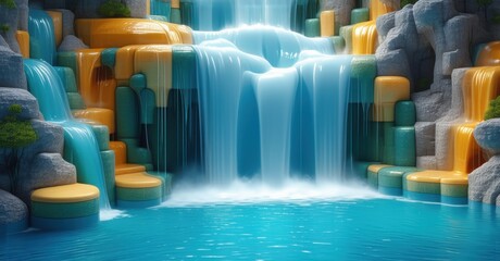Fototapeta premium Cascading waterfall flowing over smooth geometric rock formations in blue, orange tones, surrounded by lush greenery, crystal-clear pool, dynamic movement, vibrant contrast