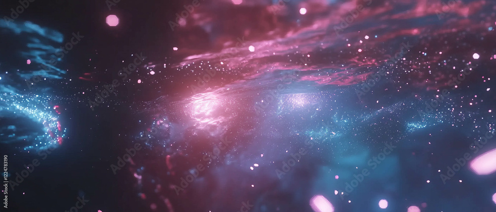 Poster Floating sparks create an abstract digital backdrop with a central empty space for text