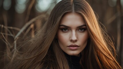 Fototapeta premium A beautiful woman with long brown straight hair photography portrait flowing.