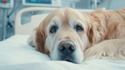 Elderly Golden Retriever Resting in Hospital Bed