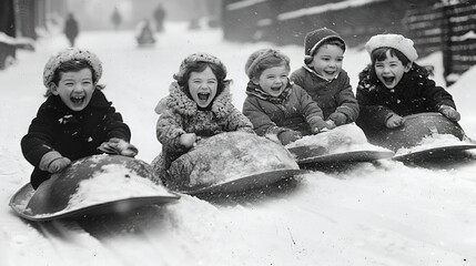 Joyful children sledding down snowy street, winter fun