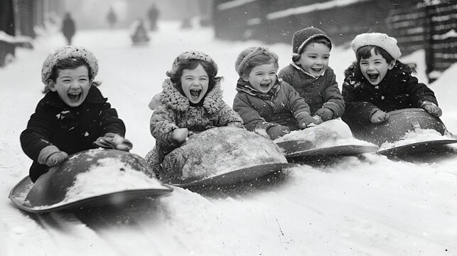 Fototapeta Joyful children sledding down snowy street, winter fun