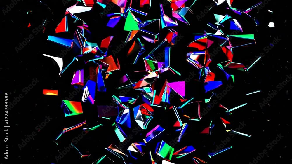 Poster glittering metallic shards rotating in midair, reflecting bursts of colored light against a dark, em