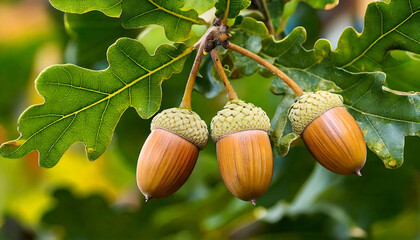 Close-up of three ripe acorns hanging from an oak branch, surrounded by vibrant green leaves.  Perfect for autumnal themes, nature publications, or educational materials about flora.