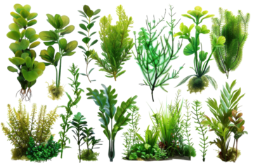 A vibrant collection of various aquatic plants arranged artistically, showcasing their lush greenery and unique textures in a serene display isolated on transparent background