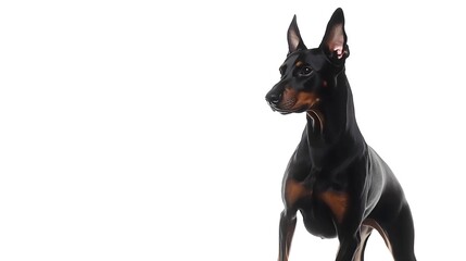 Doberman Pinscher with Sleek Black Coat and Alert Expression Isolated on White Background &ndash; Strong Guard Dog, Intelligent Working Breed, Loyal Protection Canine, Elegant and Muscular Pet