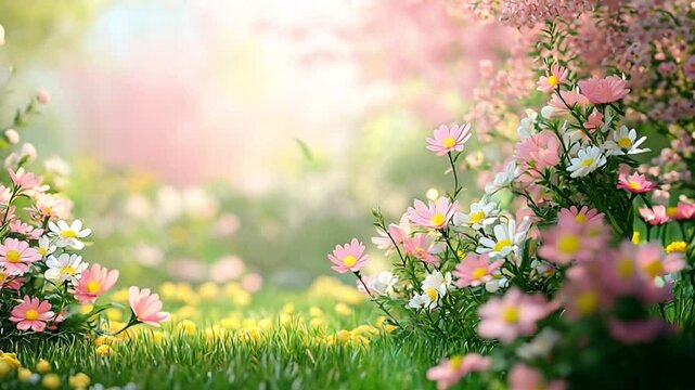 Pink cosmos flowers with bright sky in garden. Colorful landscape with colorful flowers moving in the wind