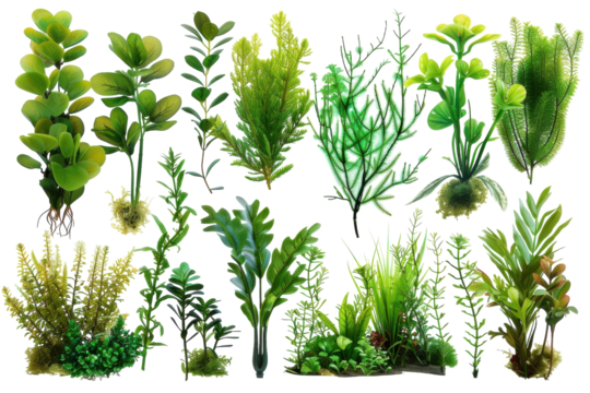 A vibrant collection of various aquatic plants arranged artistically, showcasing their lush greenery and unique textures in a serene display isolated on transparent background