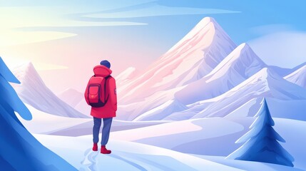 Obraz premium A lone hiker in a red jacket gazes at majestic snow-capped mountains during sunrise