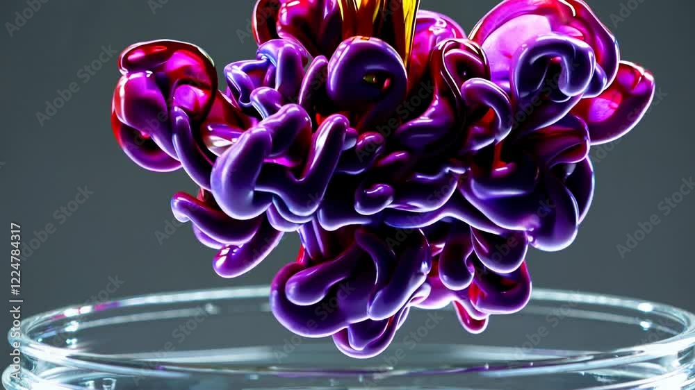 Poster Slow-motion ink droplets in water forming evolving clouds of color that seamlessly blend into new shapes.