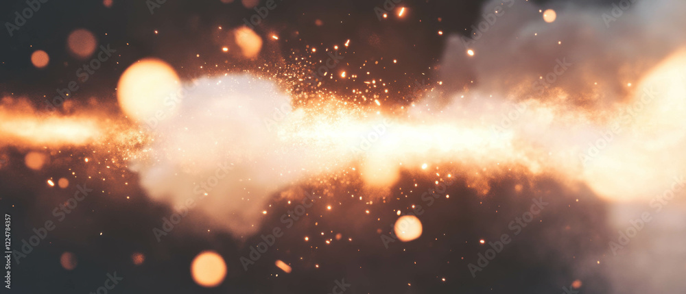 Poster Fiery sparks create dynamic atmosphere with central empty space and vibrant burning banner