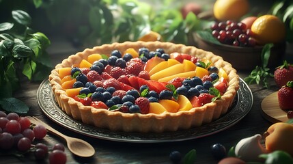 An Elegant Display of a Fruit Tart Shell, Ready to Be Baked with Fresh Ingredients and Culinary Tools in the Kitchen