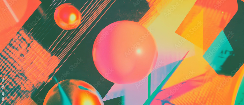 Poster geometric shapes and vibrant colors create abstract music background with clear center area