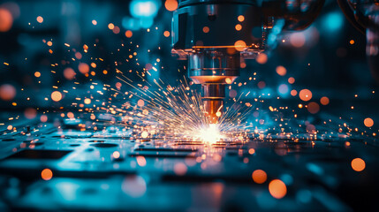Fototapeta premium Industrial Metal Cutting with Sparks and Bokeh