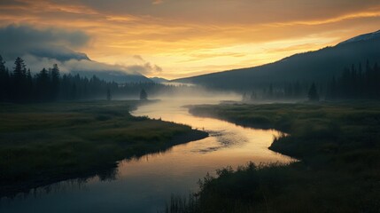 Fototapeta premium A serene valley in Jasper National Park, with mist rising from the river under the soft glow of dawn.