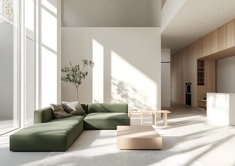 Fototapeta premium Modern living room interior with a green sofa and a minimalist coffee table against a white wall