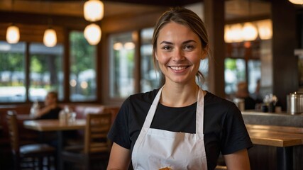 A friendly waitress wearing a black T-shirt and a crisp white apron over it, beaming with a warm smile and holding a menu