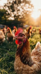 Closeup of chicken profile with red comb and brown feathers