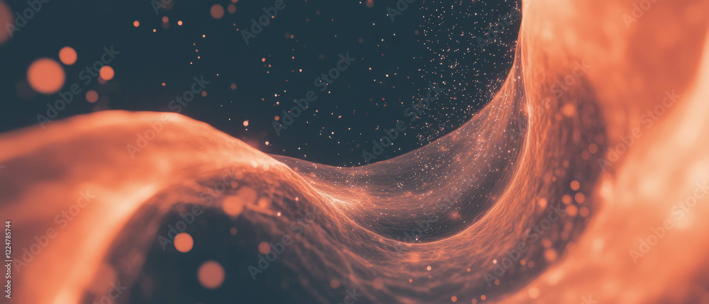 Poster particles vibrate and shift in harmony with rhythmic music against an abstract backdrop