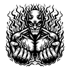 Fototapeta premium Satan with flame engraving black and white outline. Scratch board imitation. illustrated in vintage line art style on a white background.