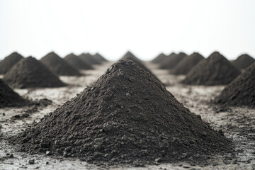 Pile of dirt with a shovel on sandy beach, under clear blue sky, waves in background.