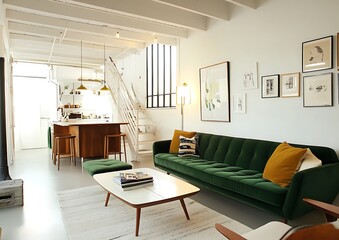 Obraz premium Modern living room with a green sofa and coffee table placed against a white wall, featuring Scandinavian minimalist decor