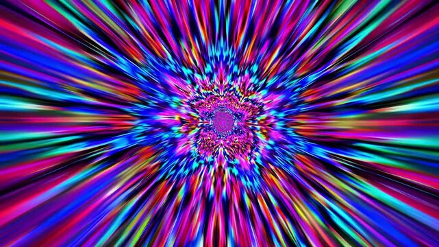 Kaleidoscopic tunnel expanding with vibrant, luminous rays, creating hypnotic visual journey through mesmerizing chromatic dimensions and surreal geometric patterns