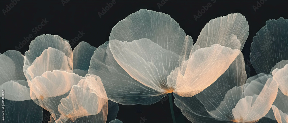 Poster Abstract petal patterns overlay design with floral elements on a dark background