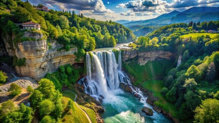 Breathtaking aerial drone shot of Terni Falls, Italy; high-resolution cascade image.