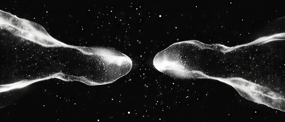 Abstract arrangement of shapes and dust particles with empty space on black background